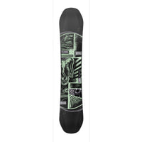 Black and green snowboard with branding on a white background