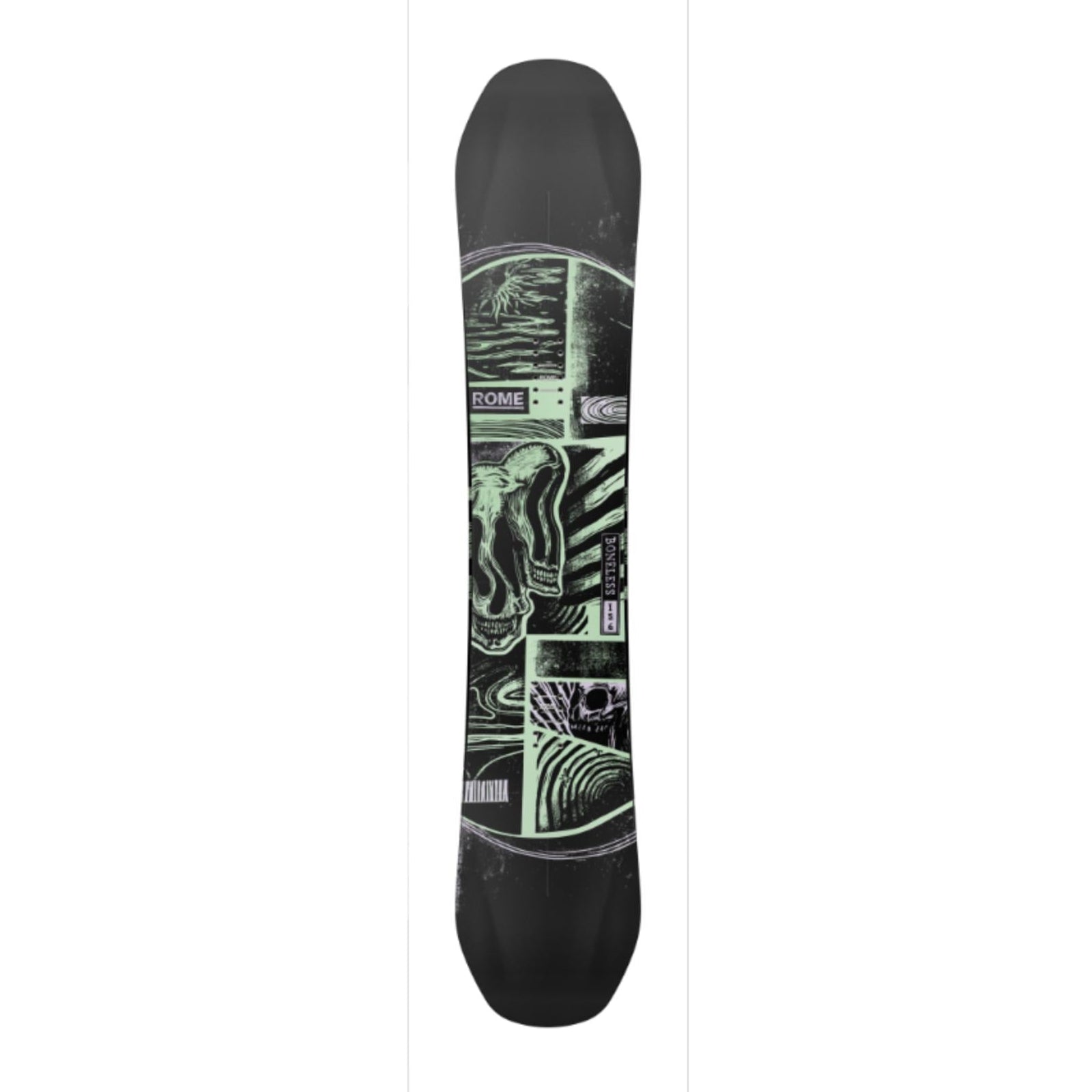 Black and green snowboard with branding on a white background