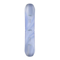 Light blue womens snowboard with subtle patterns on a white background