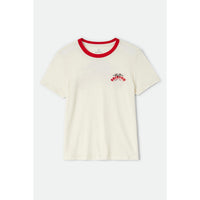 White t-shirt with red neckline and a logo on a white background