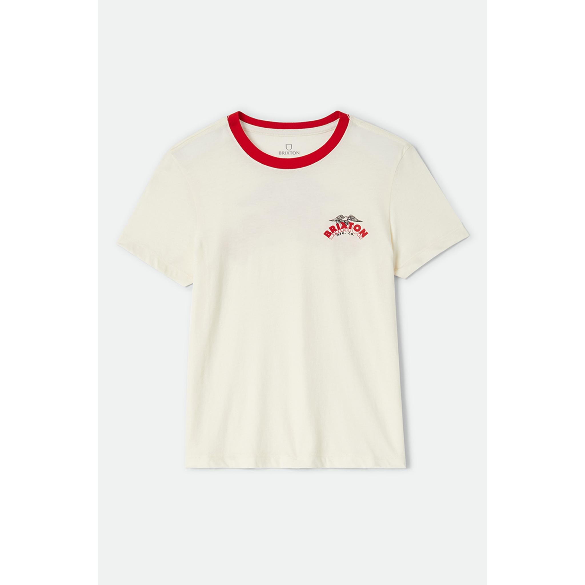 White t-shirt with red neckline and a logo on a white background