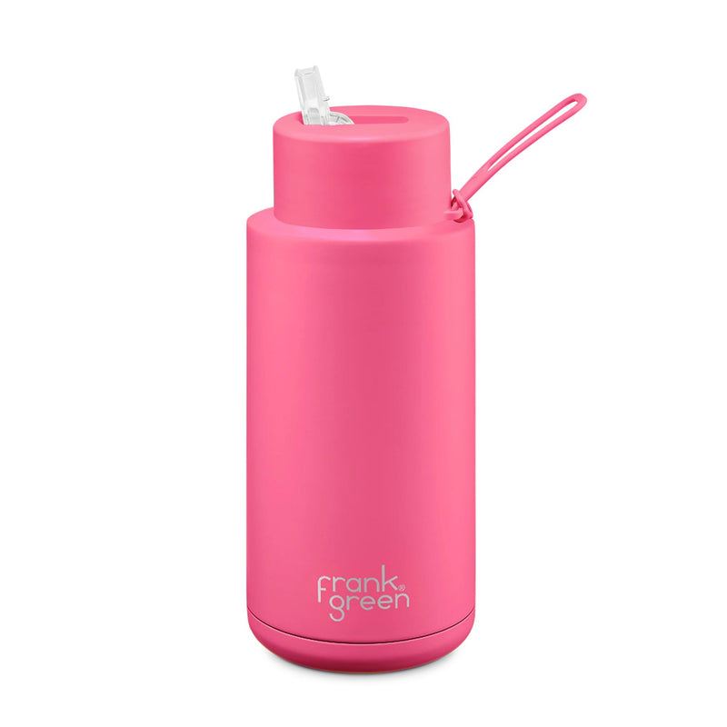 Frank Green 34oz Reusable Bottle Straw Lid Neon Pink