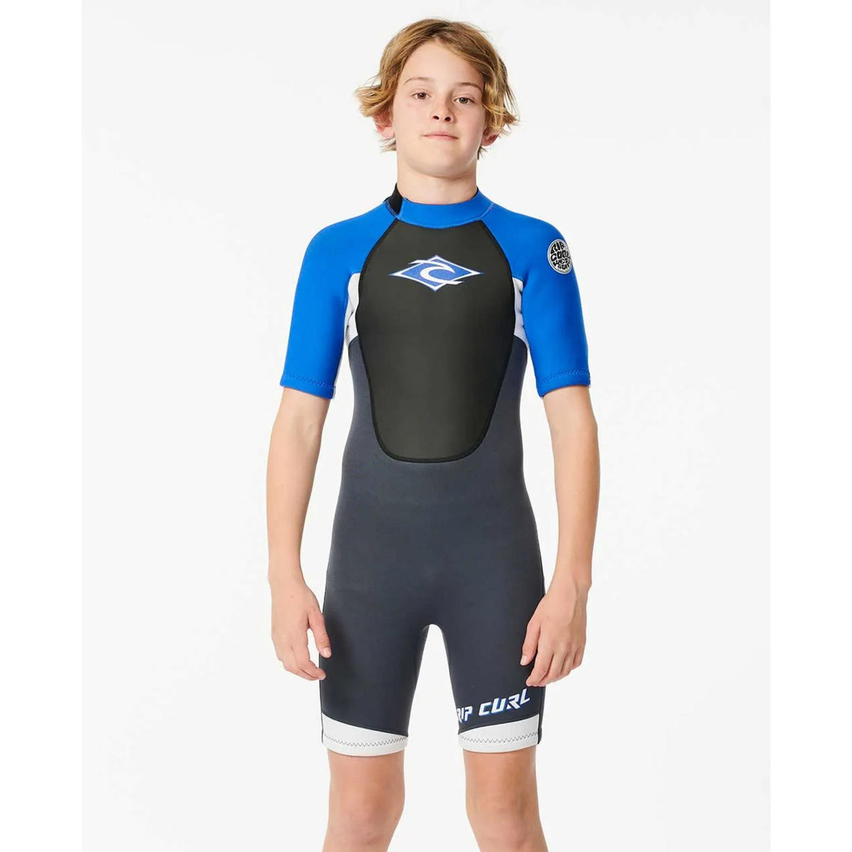 Child wearing a blue and black wetsuit with a brand logo on a white background
