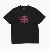 Black t-shirt with a red and white logo on a white background