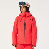 Person wearing a red ski suit with goggles on a white background
