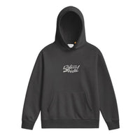 Black hoodie with a logo on the chest against a white background