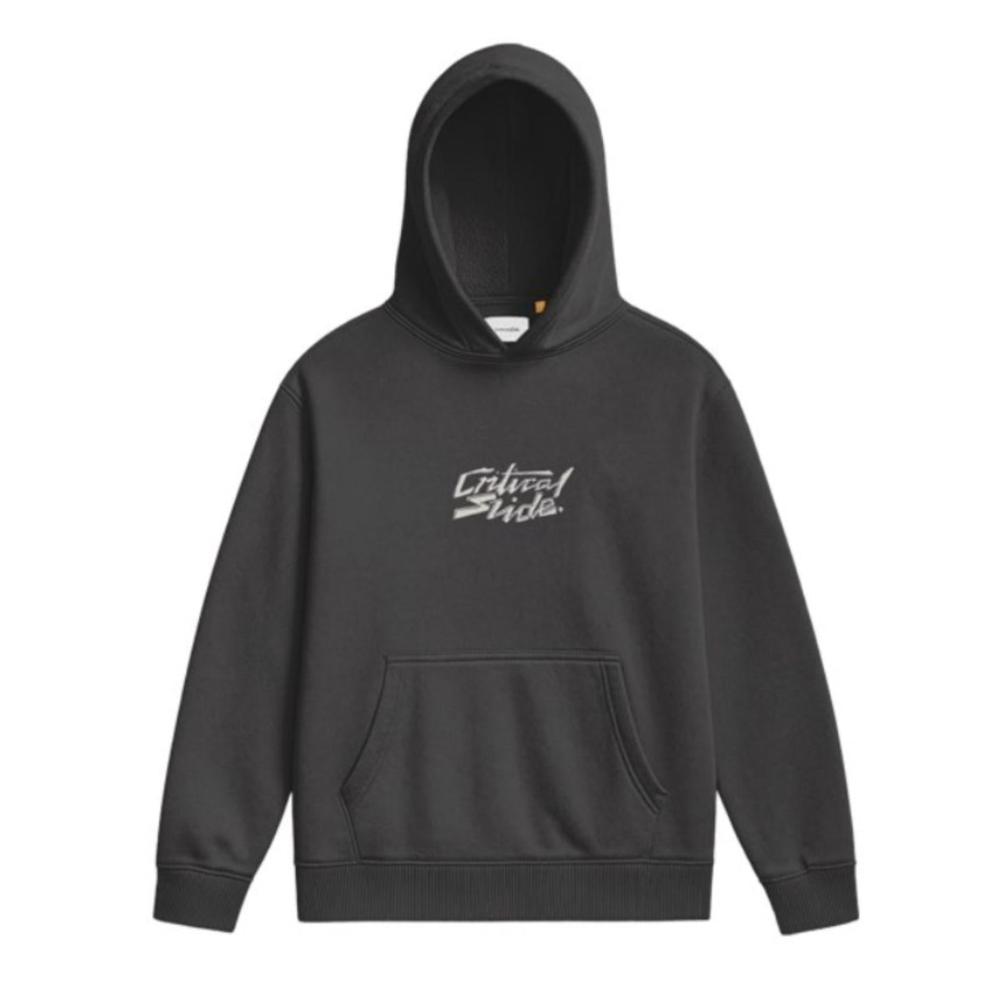 Black hoodie with a logo on the chest against a white background