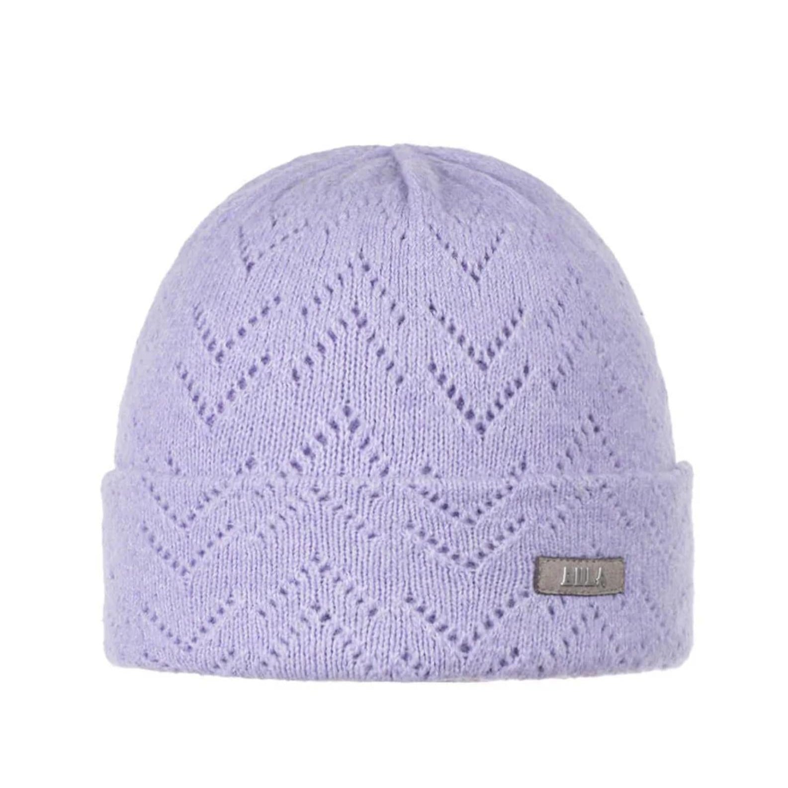 Lavender knit beanie with a brand label on a white background