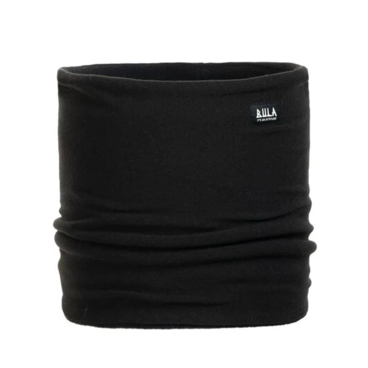Black neck gaiter with a brand logo on a white background