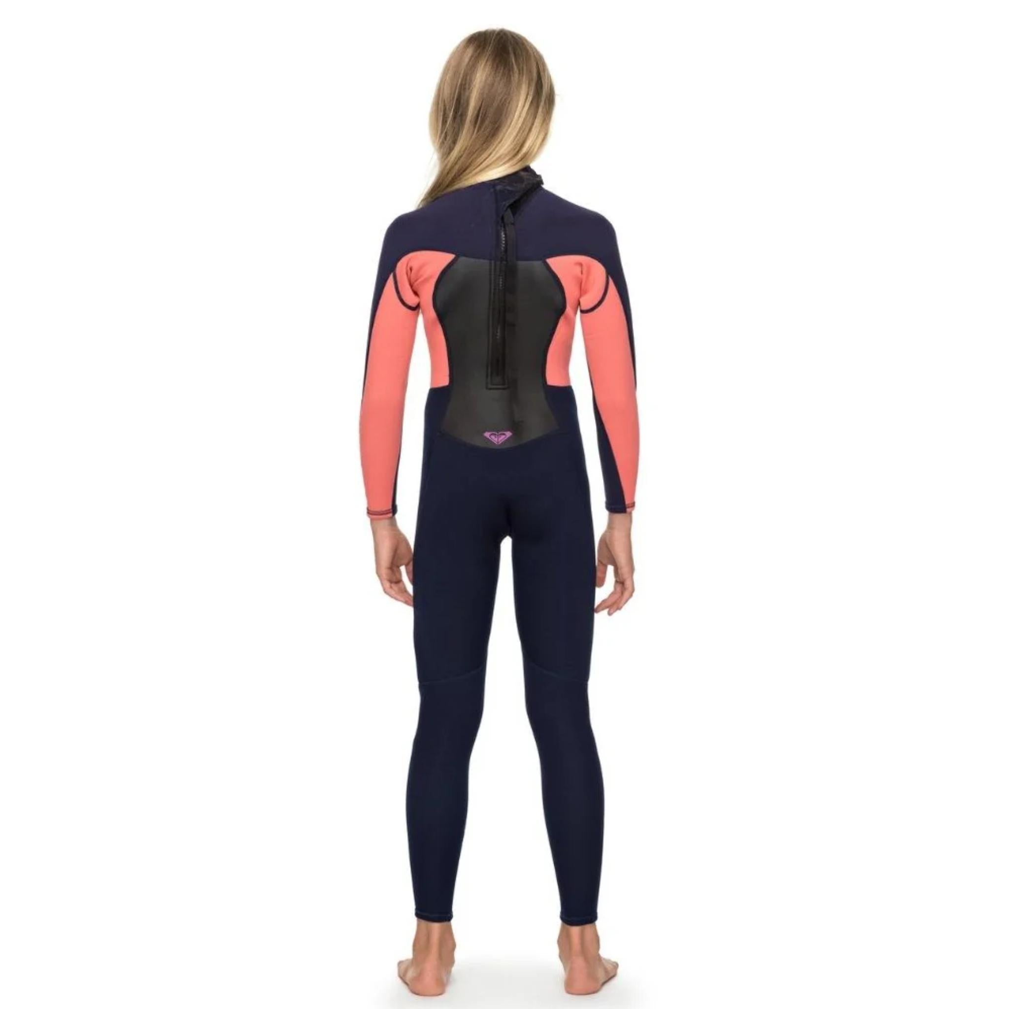 Roxy 3/2 Mm Prologue Girls Back Zip Steamer - Blue Ribbon / Coral Flame