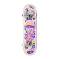A skateboard deck with a cream-colored base featuring a purple and pink psychedelic mushroom graphic and the brand name 'Glitter Generation' printed near the nose.