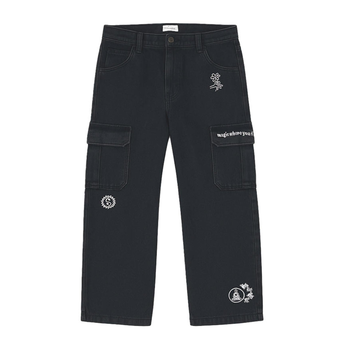 Black cargo pants with white embroidery on a white background