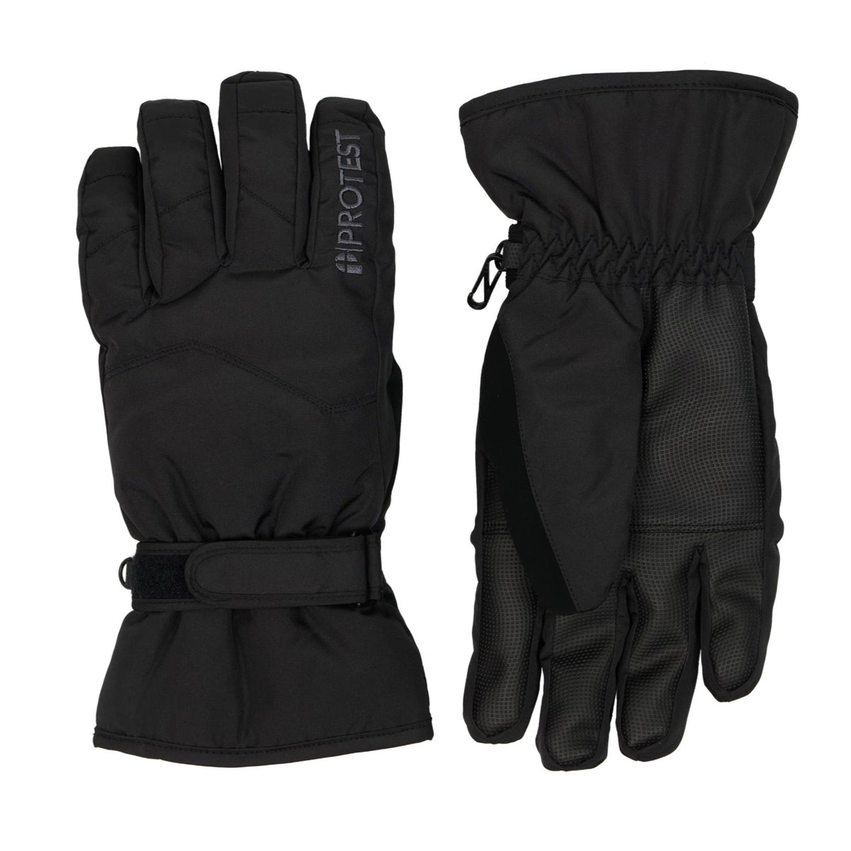 A pair of black Protest PRT. Barkar waterproof gloves designed for winter activities, featuring a hook-and-loop fastener at the wrist.