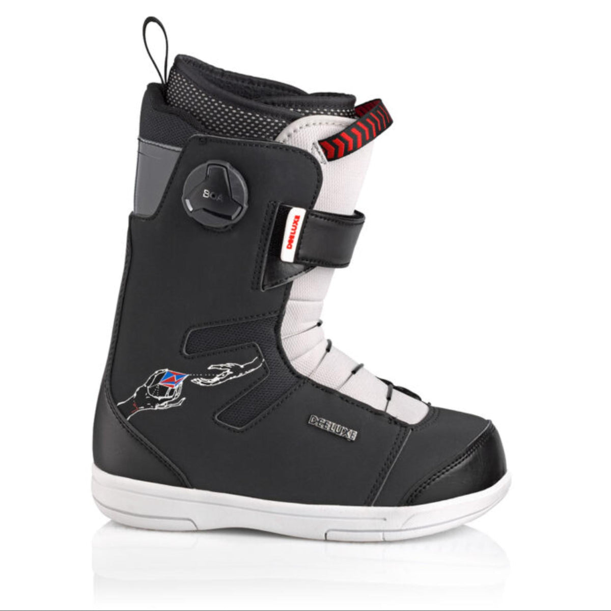 Black and white kids snowboard boot with red accents on a white background